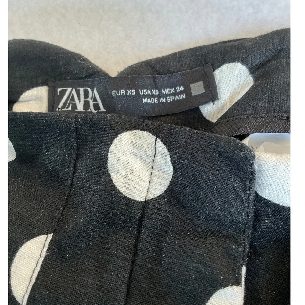 Zara Polka Dot Trousers Women XS Black White Linen Blend High Rise Straight Leg